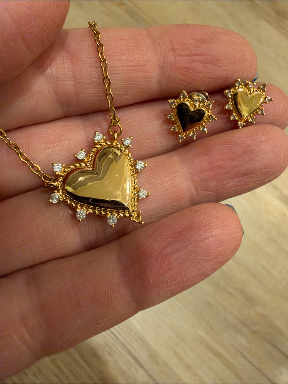 Gold Heart Sunburst Necklace with Matching Heart Stud Earrings